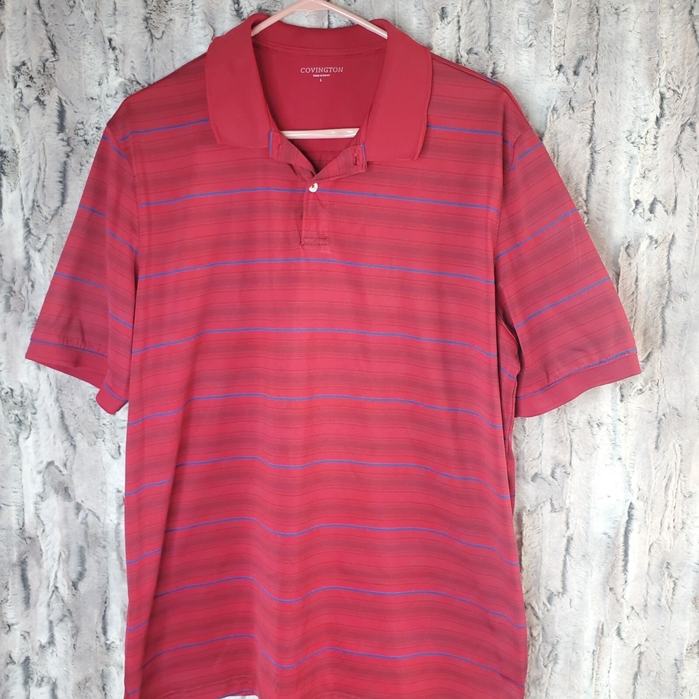 Covington Mens Golf Polo Golf Shirt L Red With White Stripes Short Sleeve‎